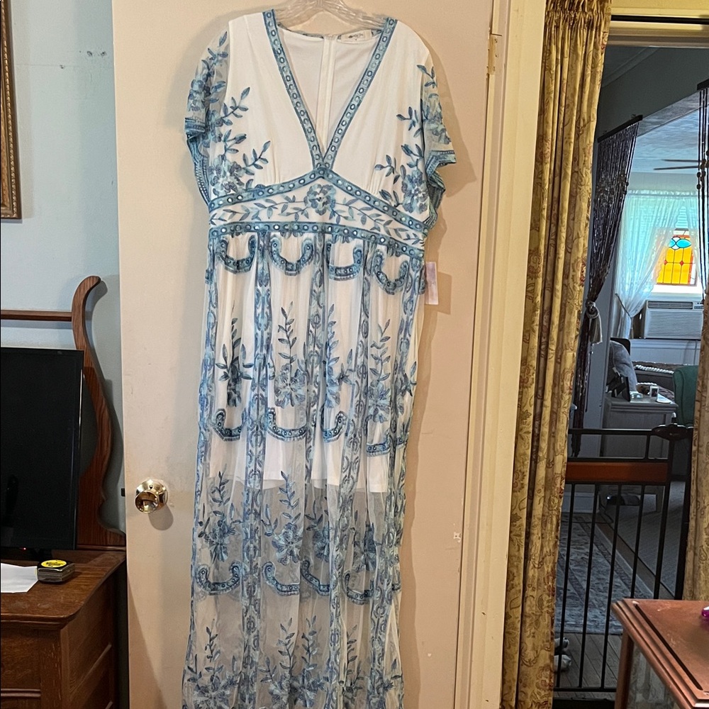 Elegant Blue Embroidered Maxi Dress